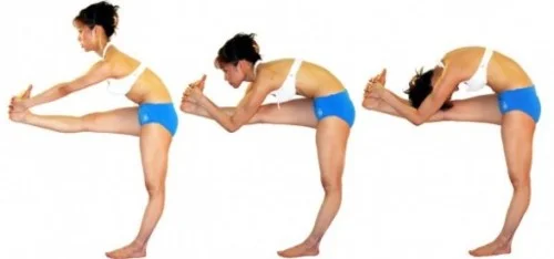This woman's standing left leg is locked out past 180 degrees, meaning that the joint is not stable and her left hamstrings and calves aren't supporting her weight. In addition, her right leg easily moves to 180 or more degrees, so the result is that neither group of muscles is being stretched but instead ligaments are doing the bulk of the work here.