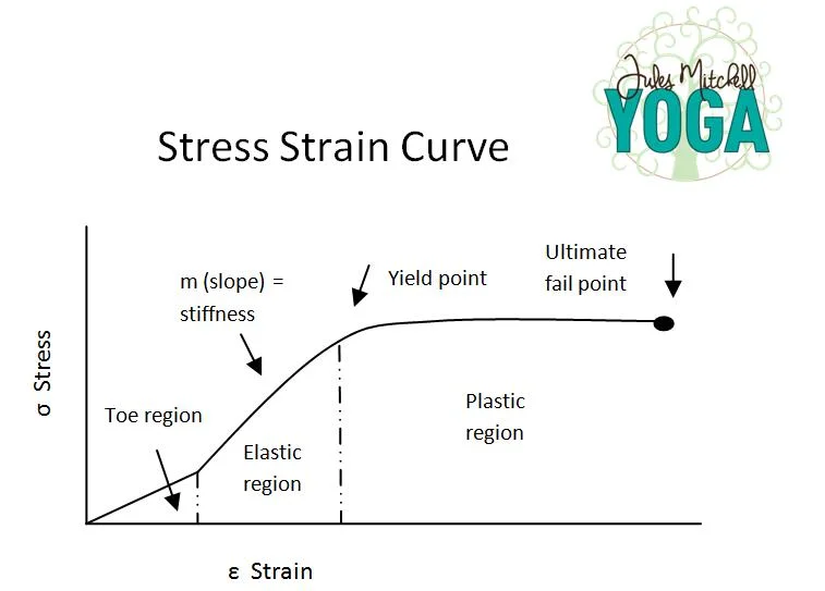 Knowing that stress is the load applied to a structure and strain is the deformation, you can see that the elastic region is the point where soft tissue fibers will bounce back to their original length and the plastic region refers to when the soft tissue fibers are permanently altered or negatively affected by the stress (i.e. injury!).