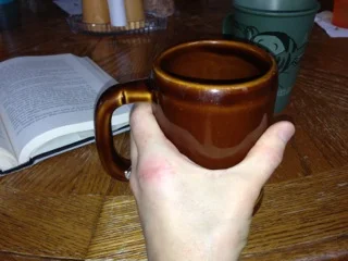 4/28/13  I can get my hand onto my favorite coffee mug, but can't yet pick it up! 