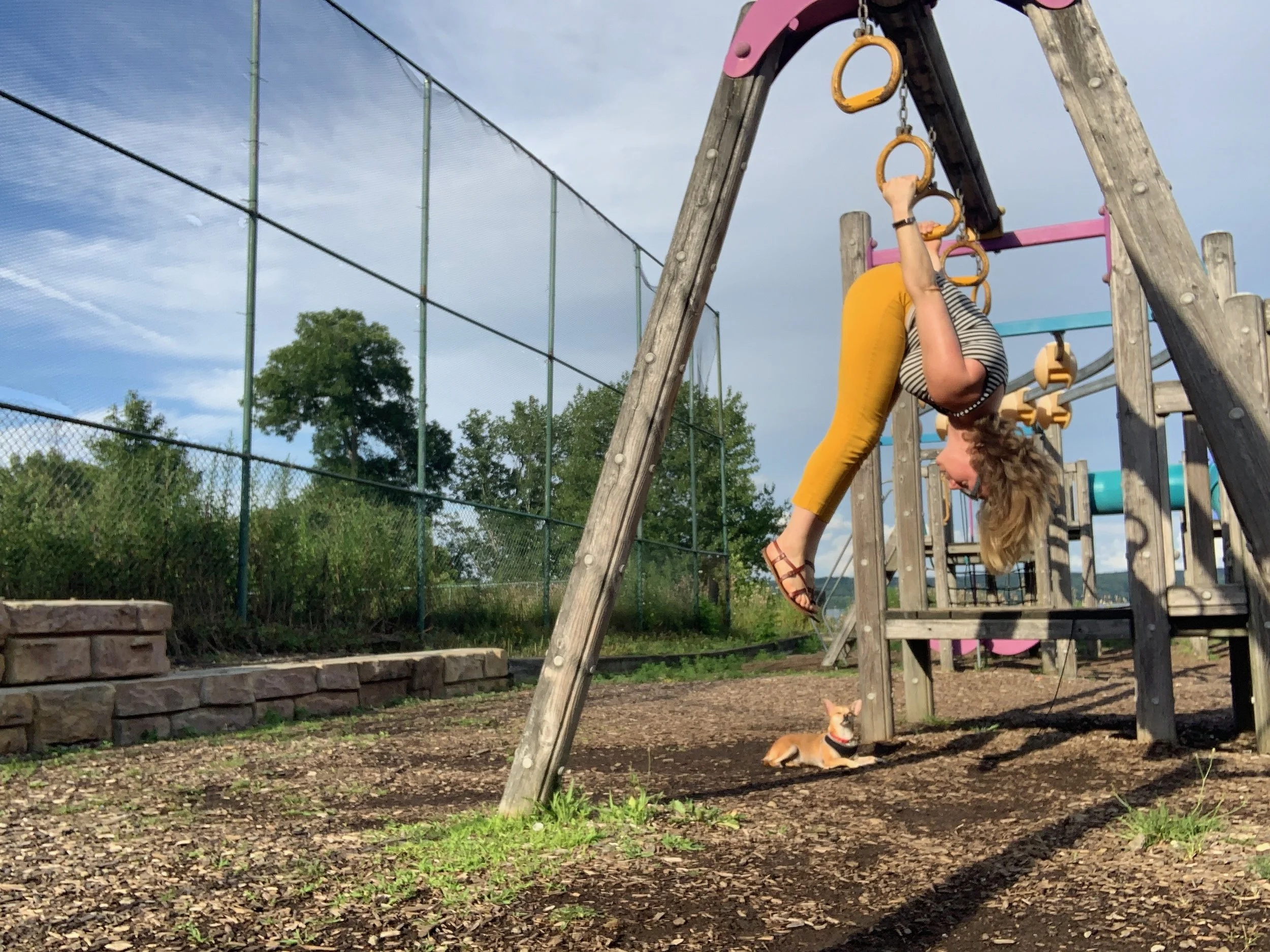 I love playing on monkey bars and rings, and this movement, sometimes called “skin the cat” or “cat walkover” feels great in my body. It’s not particularly functional to tasks of daily living but it feels good to me, so I practice it.