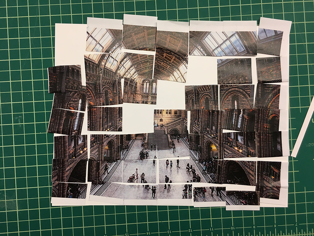 We wanted to create a site that felt ‘lived in’. To that end we printed out multiple pictures of Hintze Hall and began to cut them up to build deeper scenes.