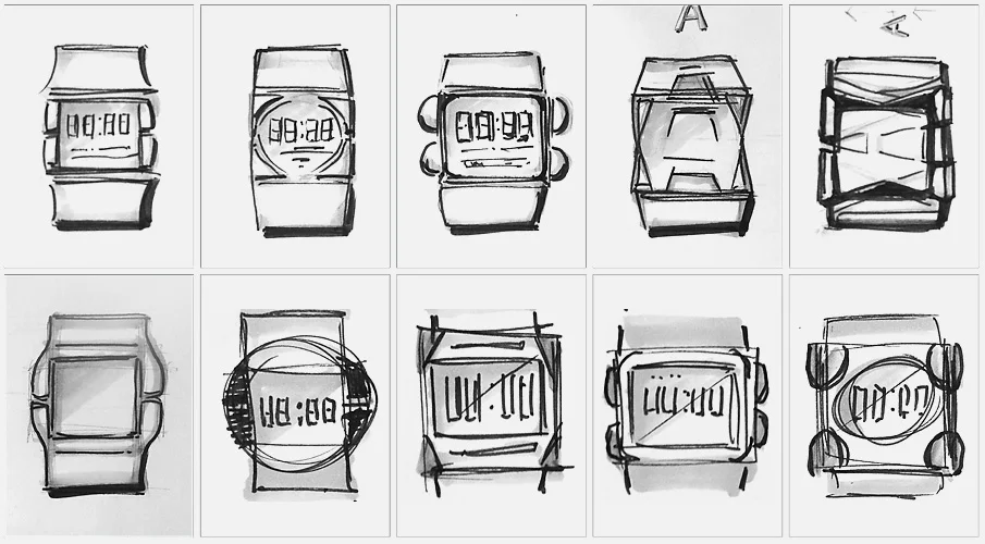 Product design sketches for kids' wearable safety device.