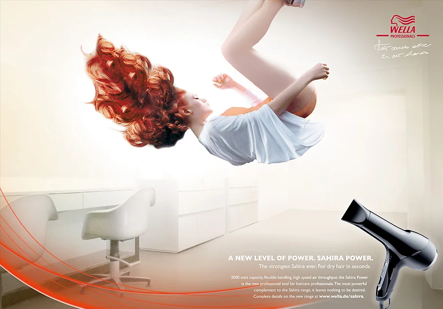 Ad concept for Wella Professionals, Sahira Power blow dryer shows just how elegant life can be with 2000 watts.