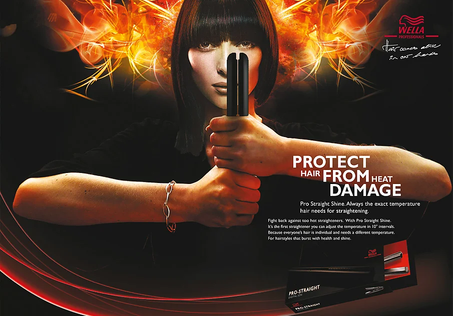 Ad concept for Wella Professionals, Pro-Straight hair straightening iron provides heat fighting powers.