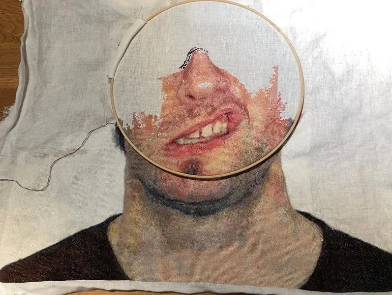 Work in progress. My wife Christina&rsquo;s cross stitch illustration of a photo of me from back in 2004. #wip #crossstitch