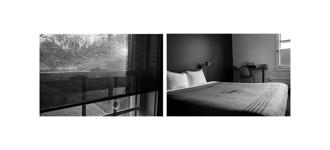 FINDING MEANING: Screen and Bed Black and White Digital Photography Diptych. Framed size 19" x 9" Edition of 5