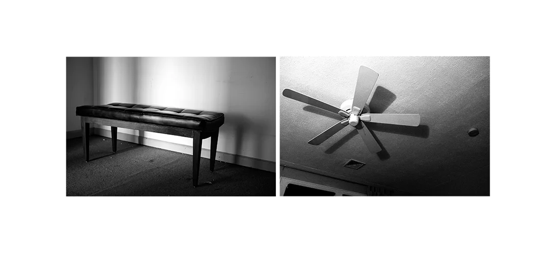 FINDING MEANING: Bench and Fan Black and White Digital Photography Framed size 19" x 9" Edition of 5