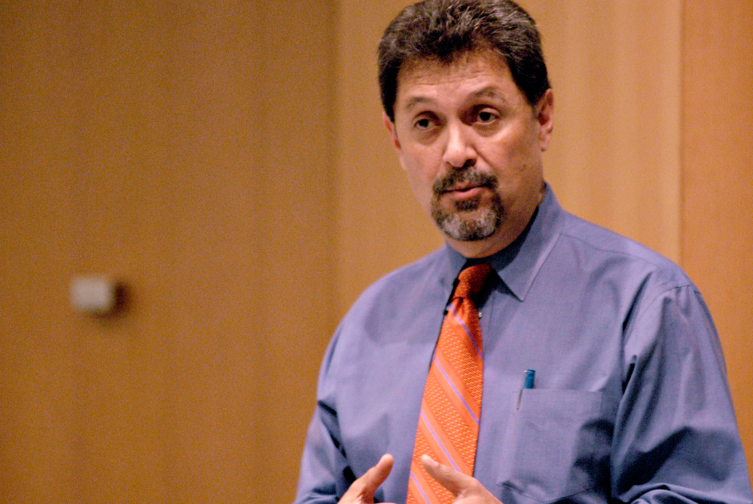UT Vice President of Student Affairs Juan Gonzalez, hosting a forum on the fate of the Cactus, April 21, 2010. Three months earlier, Gonzalez had approved closure and announced, “I’m not thinking of turning back.” (12)