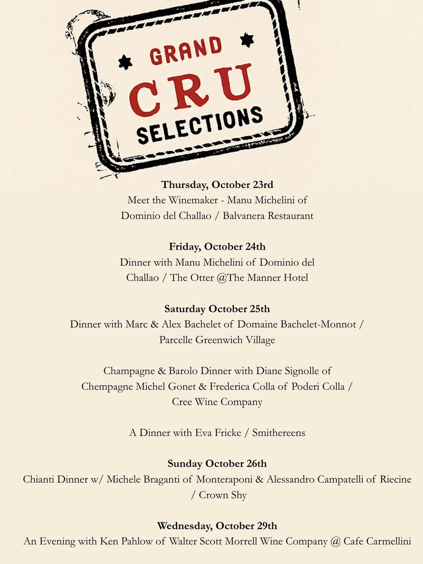 Let the fall Grand Cru festivities commence! 🍂🍷

Our growers have started arriving, and we&rsquo;re thrilled to kick off a week of special tastings and dinners with our clients across the city (and one in NJ!).

Reach out to the hosting restaurants