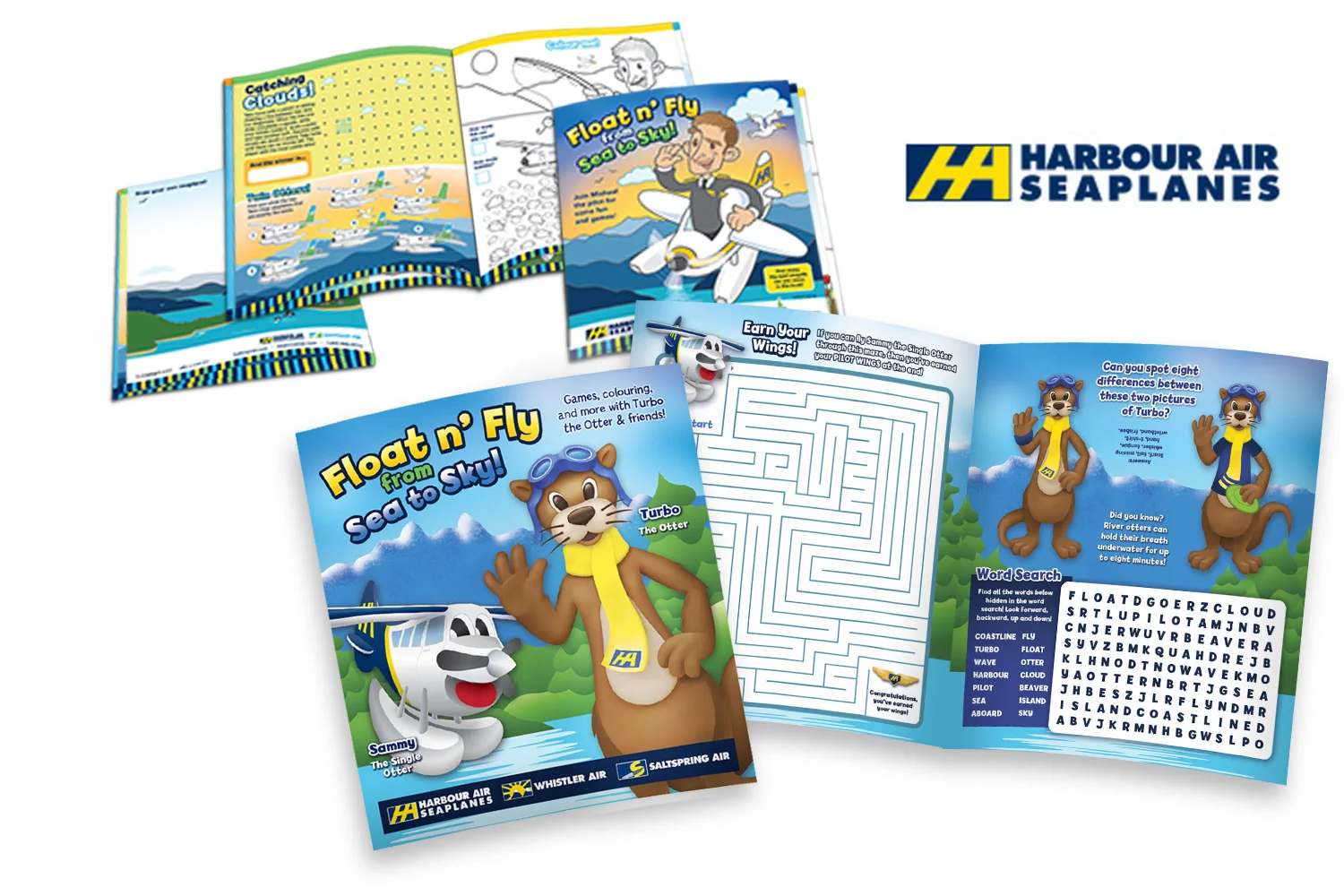 Top: Harbour Air's activity book from 2011. Bottom: Refreshed 2016 activity book featuring new mascots: Turbo and Sammy.