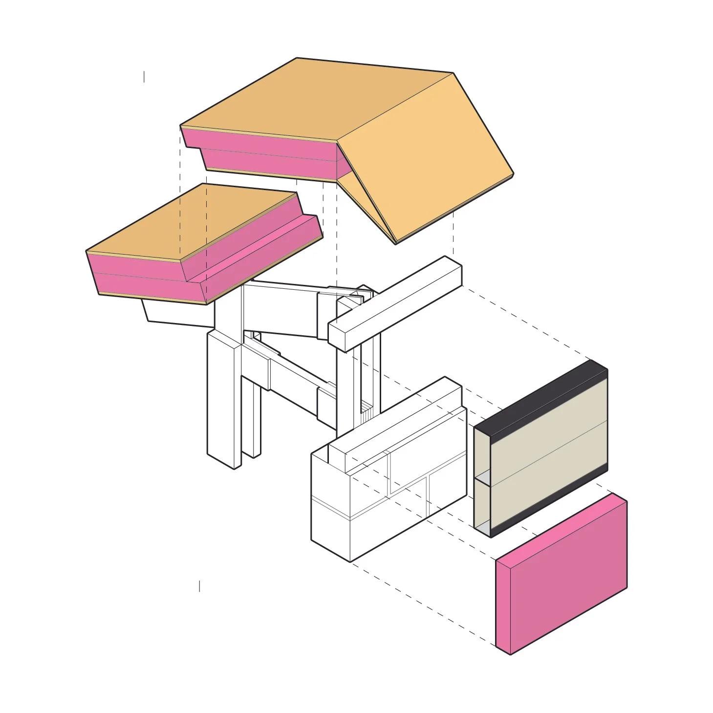 4. The Kalwall clerestory is secured to the ridge & sill. ZIP-system-clad SIPs are attached to trusses & joints are taped. Masonry ties, waterproofing and insulation are installed on the masonry wall.