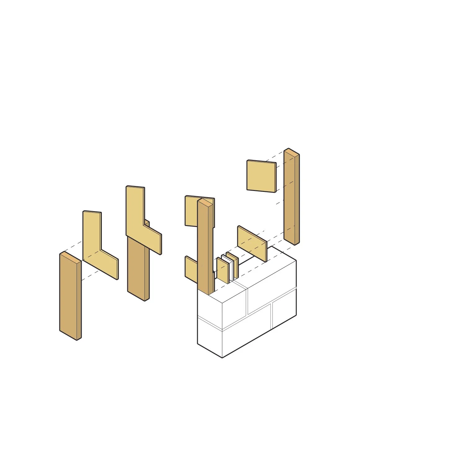 
1. Plywood plates are screw-laminated to 2x columns. Shorter columns are joined to the masonry bearing wall.