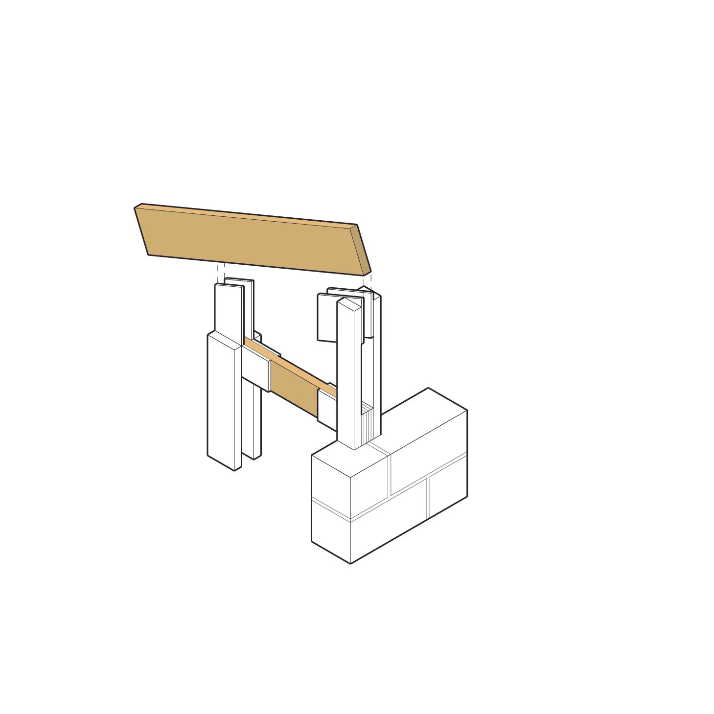 2. A 2x6 tie-beam and 2x10 rafter are 
set between twin columns and bolted to the plates, forming a truss
