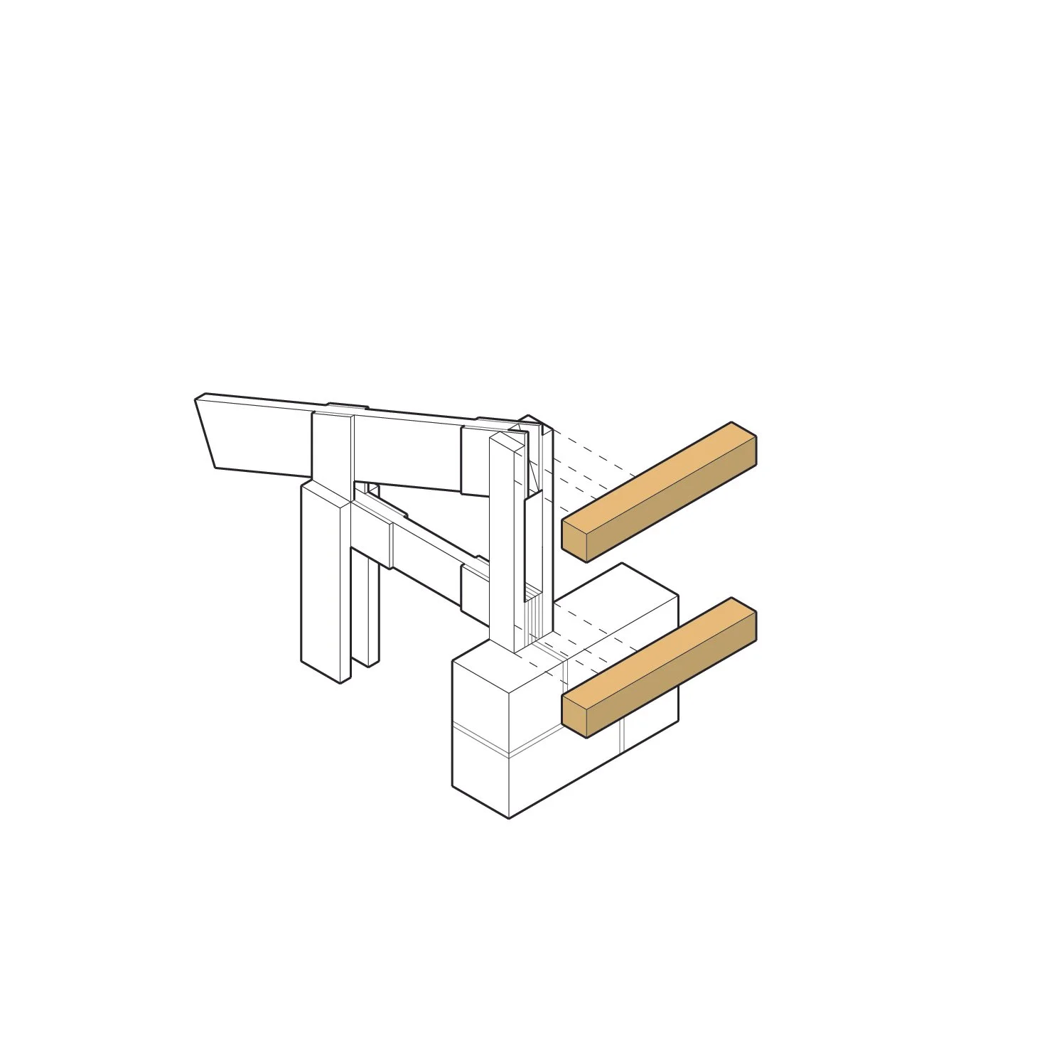 3. 4x4 Ridge and sill blocks are lag-bolted to the columns, bracing the trusses laterally and setting the rough opening for the clerestory.