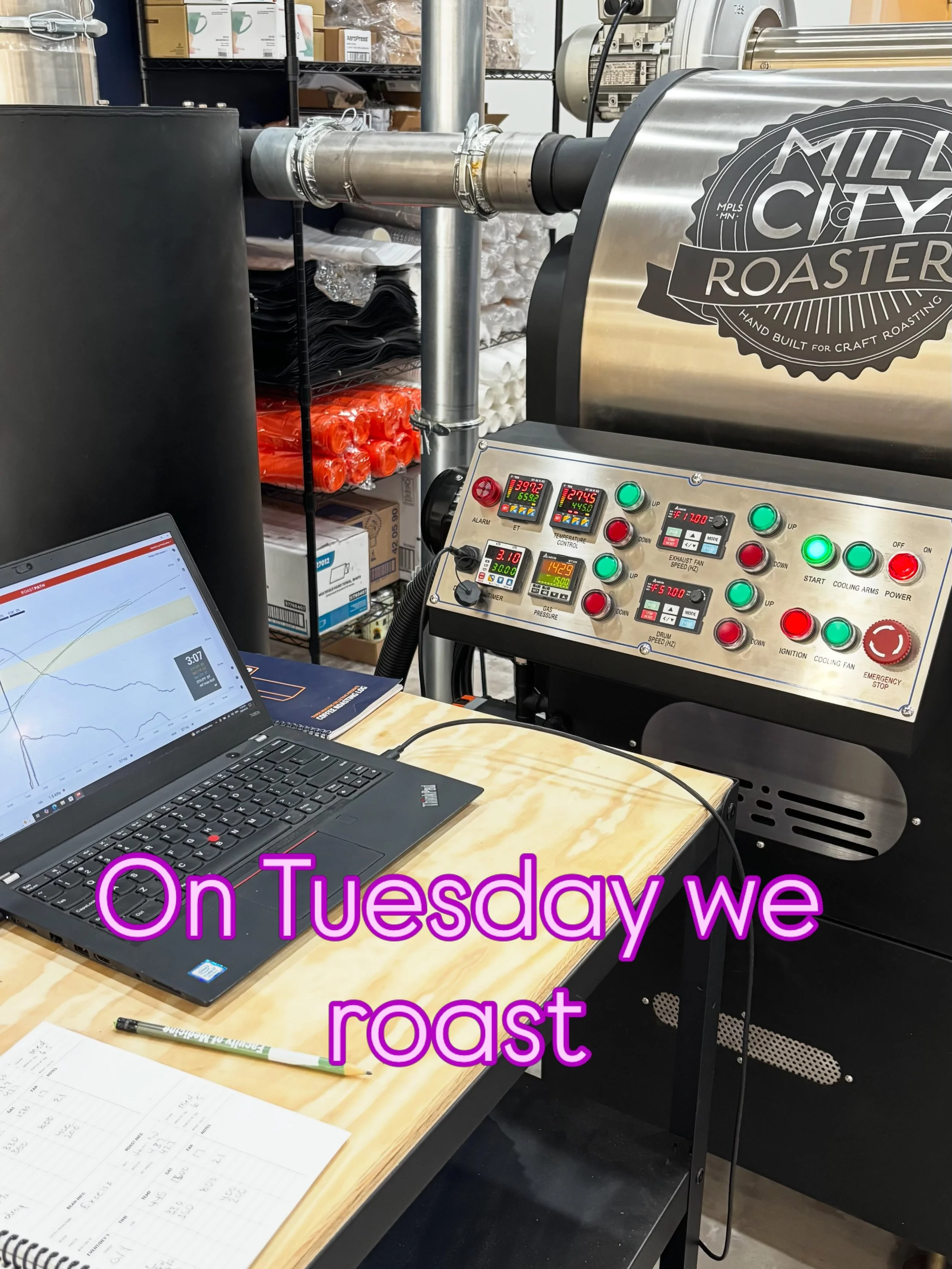 Tuesday is roasting day. It is one of my favourite days of the week - mostly because I get to hang out at @thirdsroastingcollective - Alex &amp; Olivia are kinda the best. 

#coffeetime #coffeeroaster #hamontcoffee #vintagecoffeeroasters