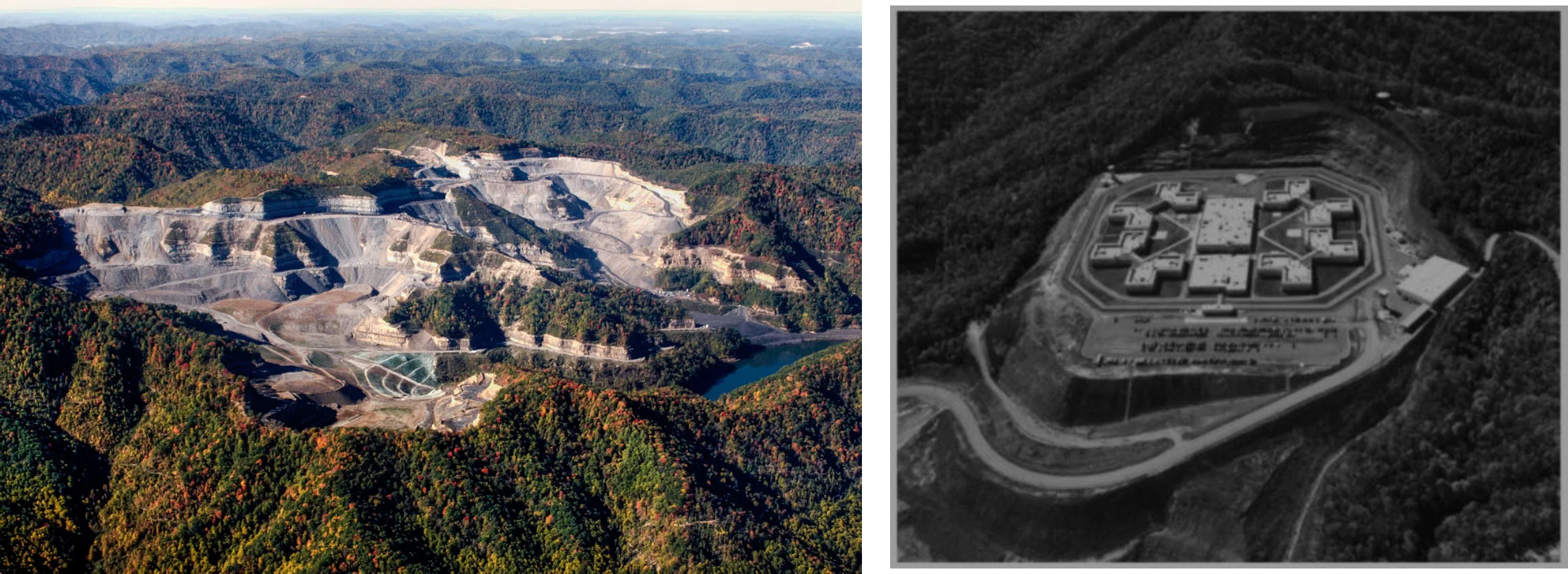 (left) Active Mountaintop removal mining on Guyandotte Mountain, West Virginia. (right) Red Onion State Prison supermax facility in Pound, VA built on former mining site