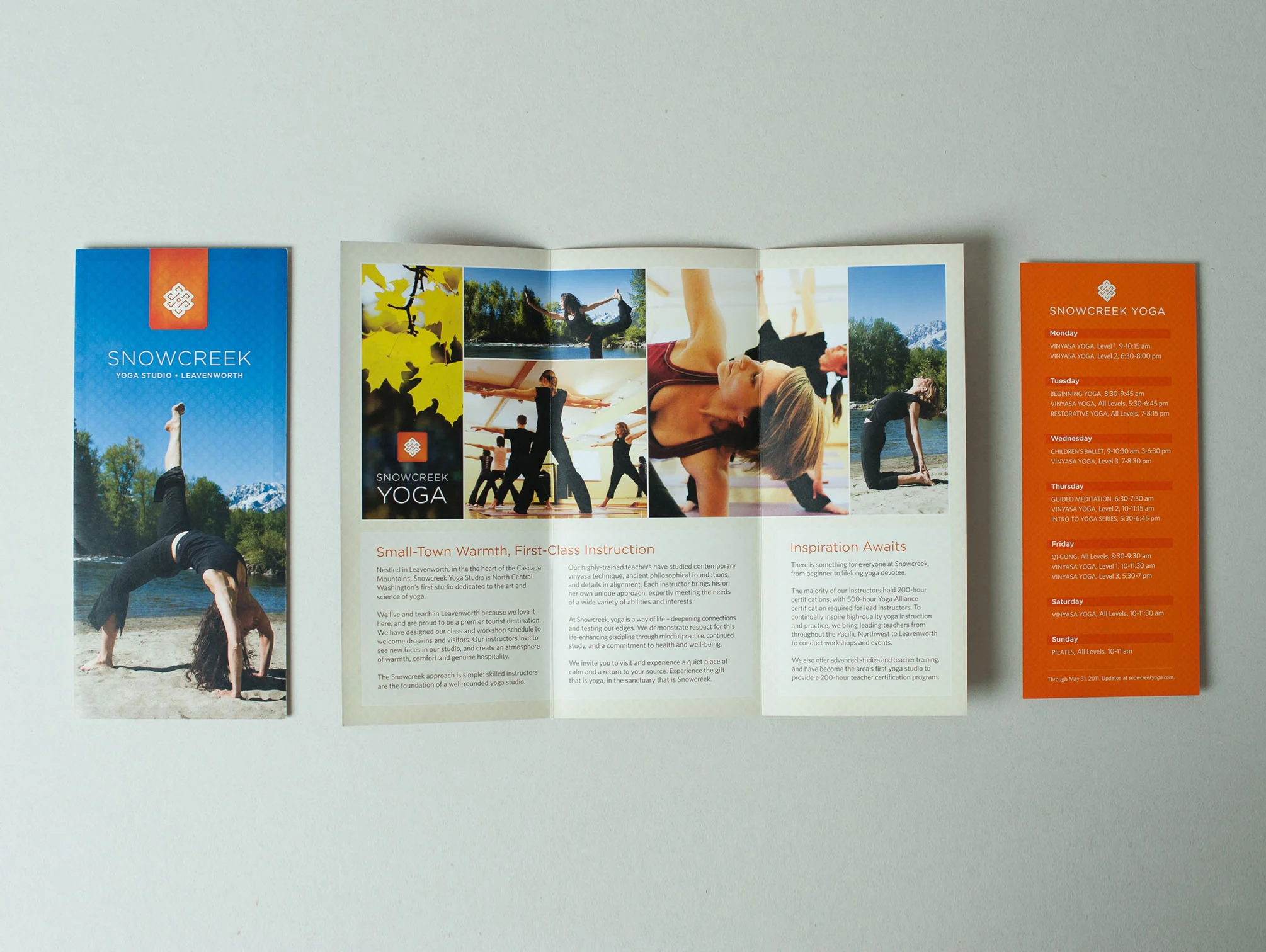 Branding, design, and copywriting. Interior brochure content follows: — Small-Town Warmth, First-Class Instruction Nestled in Leavenworth, in the the heart of the Cascade Mountains, Snowcreek Yoga Studio is North Central Washington’s first studio dedicated to the art and science of yoga. We live and teach in Leavenworth because we love it here, and are proud to be a premier tourist destination. We have designed our class and workshop schedule to welcome drop-ins and visitors. Our instructors love to see new faces in our studio, and create an atmosphere of warmth, comfort and genuine hospitality. The Snowcreek approach is simple: skilled instructors are the foundation of a well-rounded yoga studio. Our highly-trained teachers have studied contemporary vinyasa technique, ancient philosophical foundations, and details in alignment. Each instructor brings his or her own unique approach, expertly meeting the needs of a wide variety of abilities and interests. At Snowcreek, yoga is a way of life – deepening connections and testing our edges. We demonstrate respect for this life-enhancing discipline through mindful practice, continued study, and a commitment to health and well-being. We invite you to visit and experience a quiet place of calm and a return to your source. Experience the gift that is yoga, in the sanctuary that is Snowcreek. — Inspiration Awaits There is something for everyone at Snowcreek, from beginner to lifelong yoga devotee. The majority of our instructors hold 200-hour certifications, with 500-hour Yoga Alliance certification required for lead instructors. To continually inspire high-quality yoga instruction and practice, we bring leading teachers from throughout the Pacific Northwest to Leavenworth to conduct workshops and events. We also offer advanced studies and teacher training, and have become the area’s first yoga studio to provide a 200-hour teacher certification program.