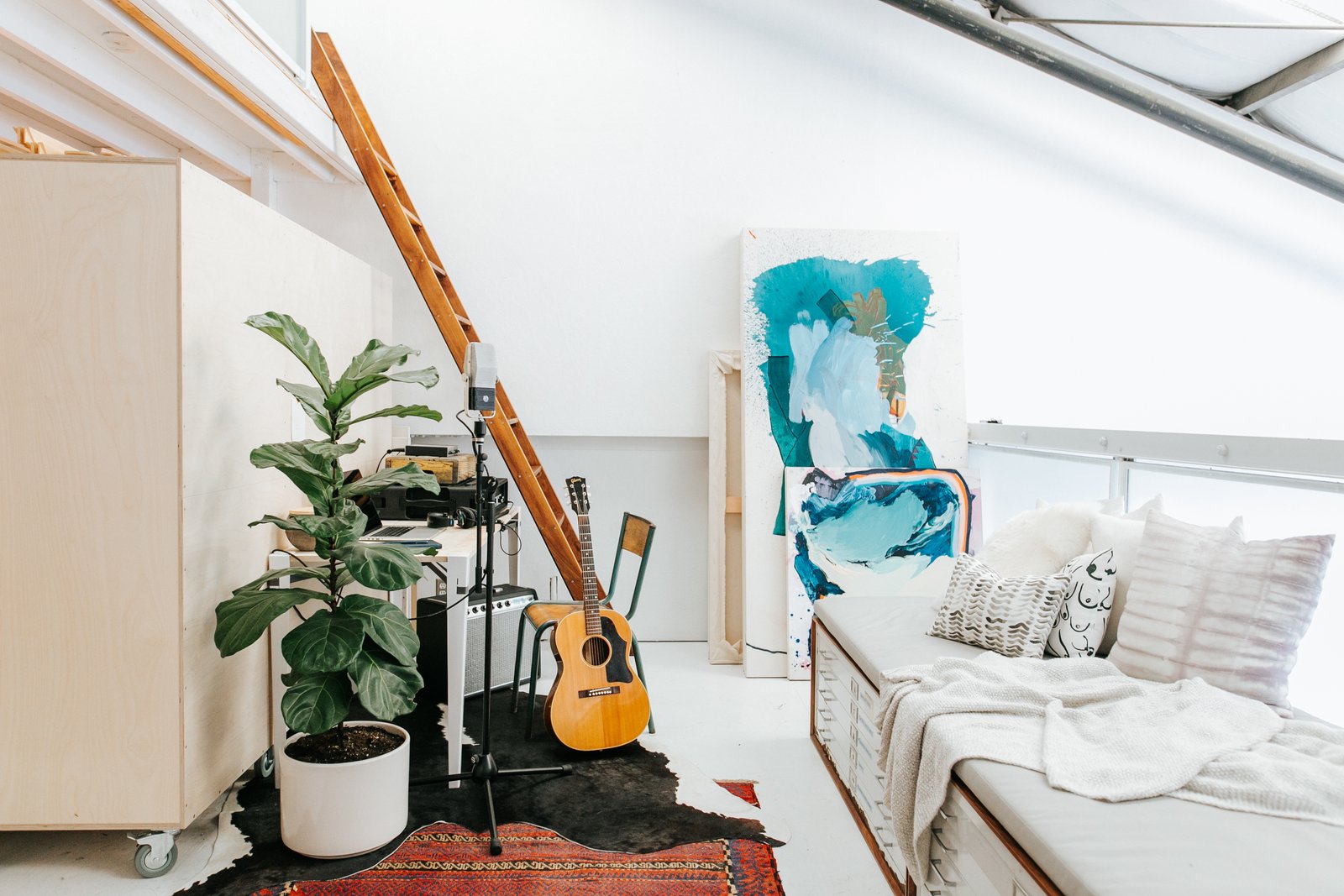 "There’s an interesting form of communication that happens when we’re both working. The music that is coming from the second floor starts to inform the painting that is happening on the first floor, and visa versa. It’s like we’re collaborating in an indirect way." 