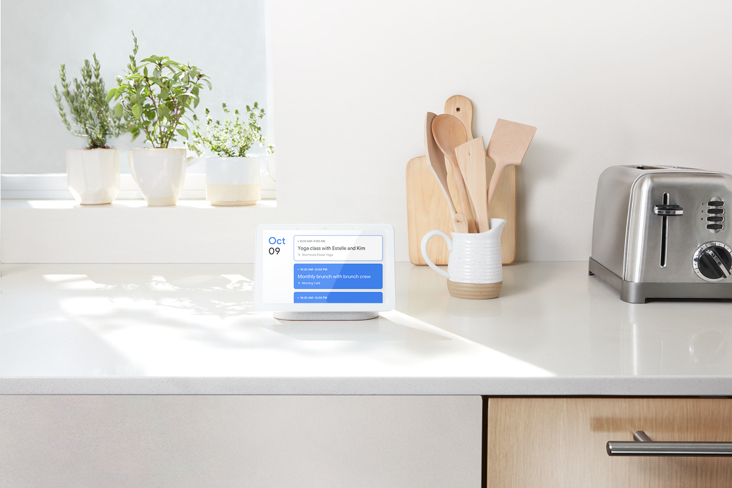 A floating stand gives the smart speaker a sense of lightness, while allowing clean audio to be ported throughout the front. (Courtesy of Google)