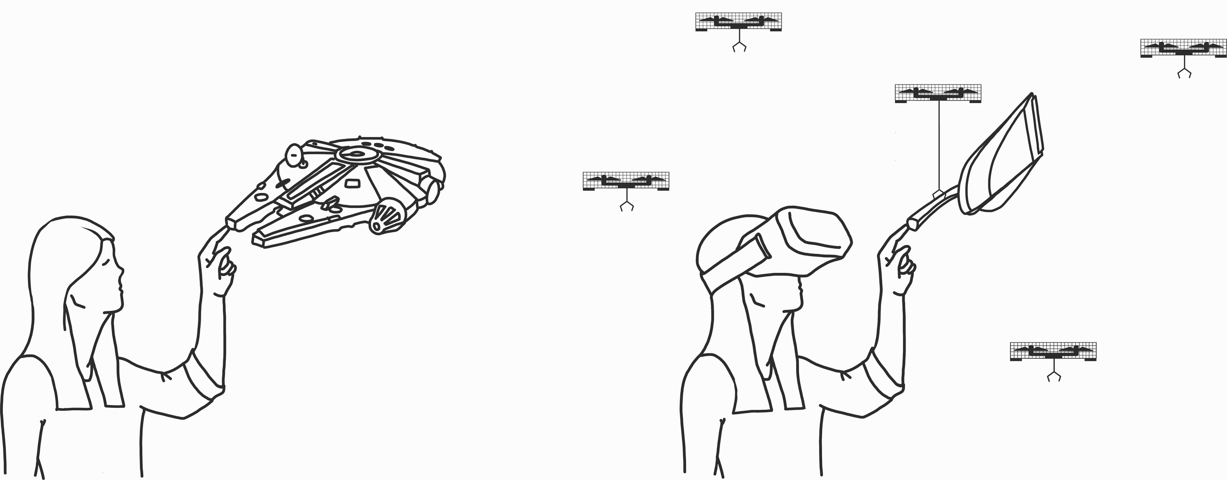 Left: In virtual reality, user touching a virtual object. Right: In the real world, an object (with a similar shape) has been detected, picked up, and presented by one of the drones.
