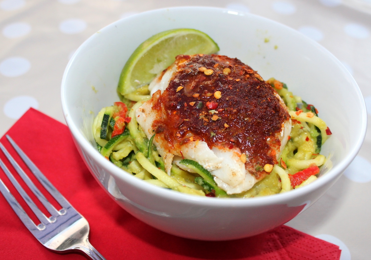 Cajun Baked Cod with Avocado Coodles
