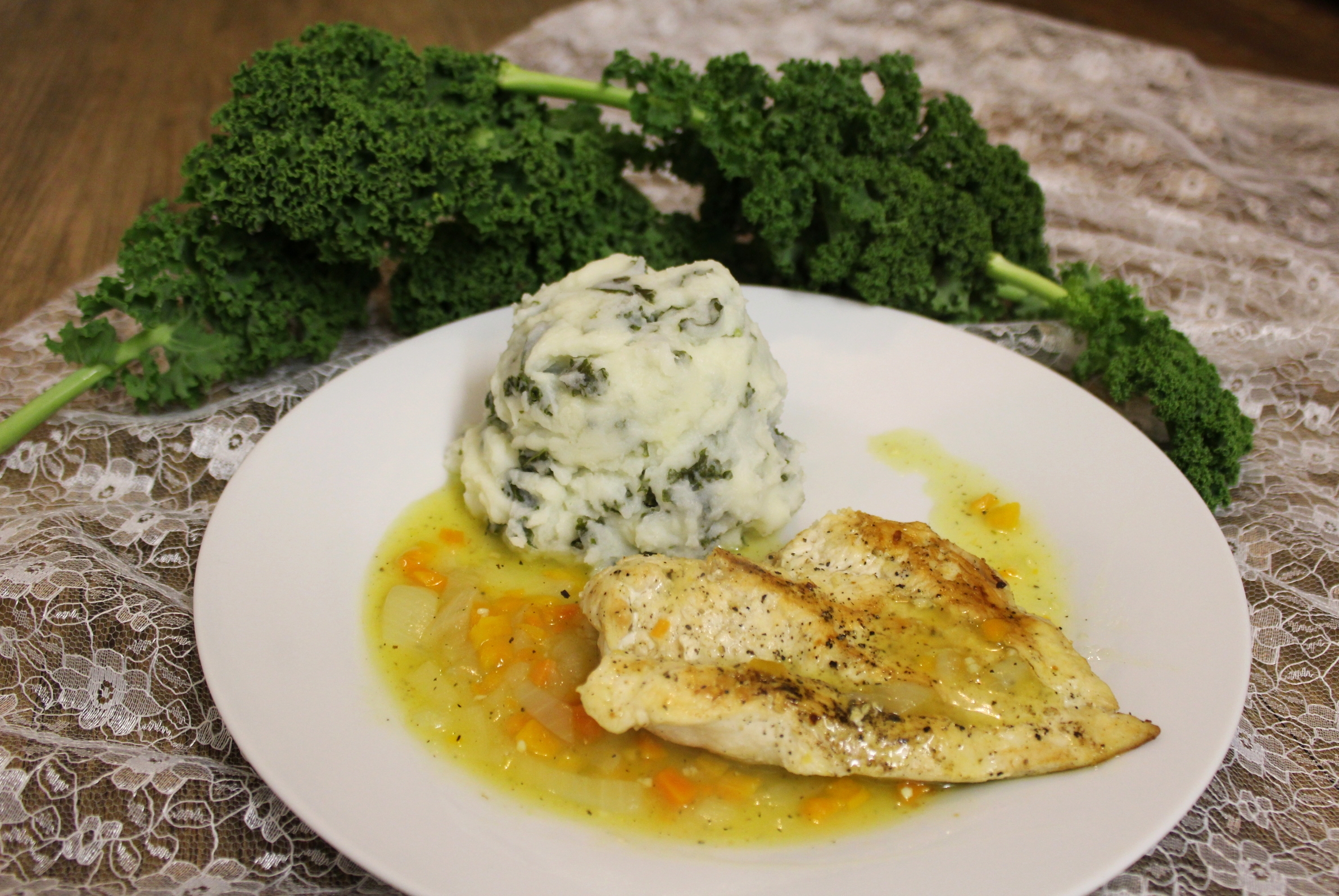 Butterfly Chicken with Onion Gravy & a Kale Mash