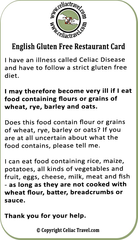An example of one of the Celiac Travel.com's restaurant cards