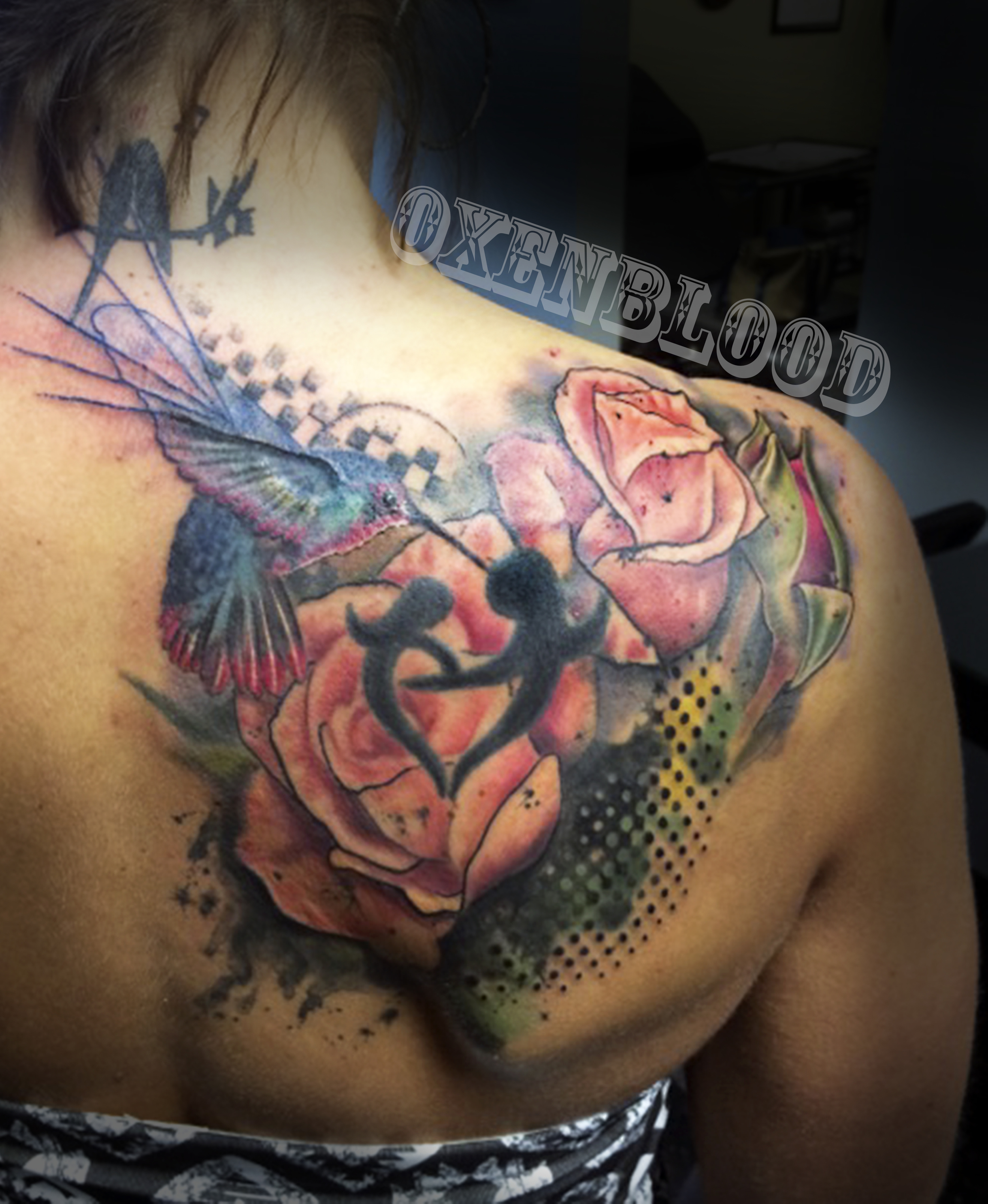 Watercolor Hummingbird and Roses