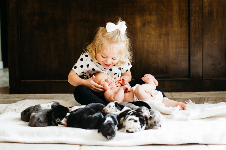 Newborn baby and puppies