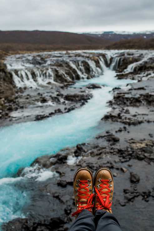 Danner boots at Bruarfoss, incredibly blue water waterfall in Iceland