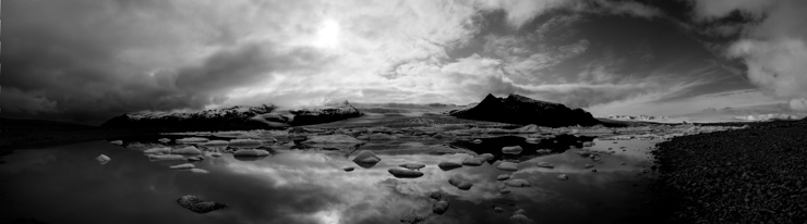 Black and White panorama of Fjallsárlón glacier lagoon, Iceland
