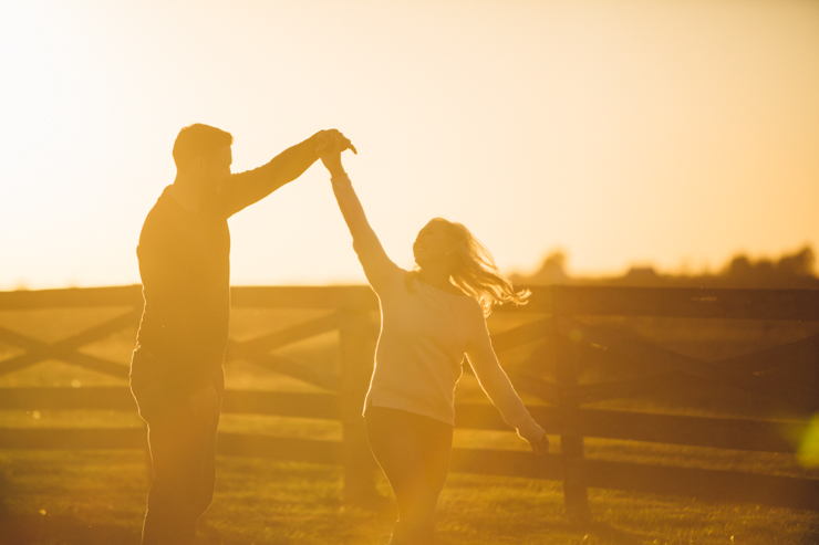 Nolan and Alyssa's Rustic Countryside engagement session at sunset dancing