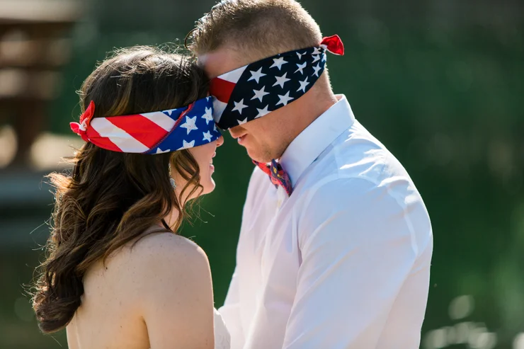 Bride and Groom blindfolded and praying before the ceremony