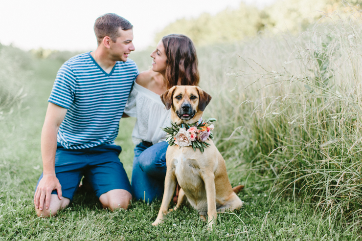 Intimate Countryside engagement session with a dog and flower crown