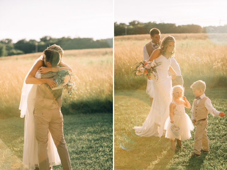 First reaction of bride and groom after being married following the ceremony outdoor at grandparents' farm