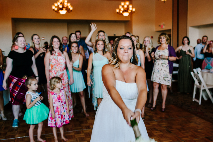Bouquet toss at wedding reception at Estes Park Resort, Colorado