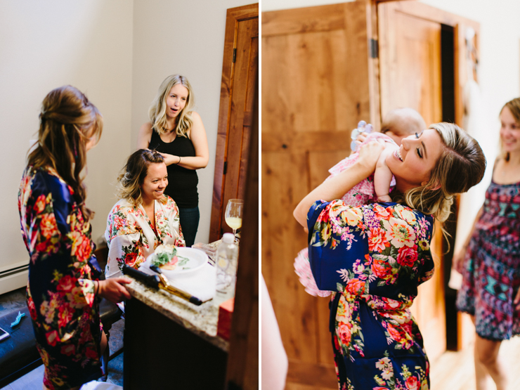 Bride in floral robes getting ready for her wedding day