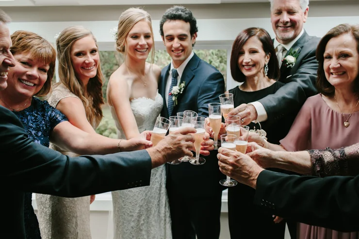 Bride and Groom family toast prior to wedding ceremony Pear Tree Estate Champaign, IL
