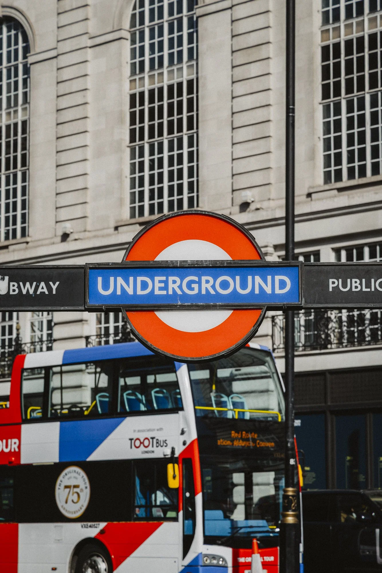 London Underground sign in central London.