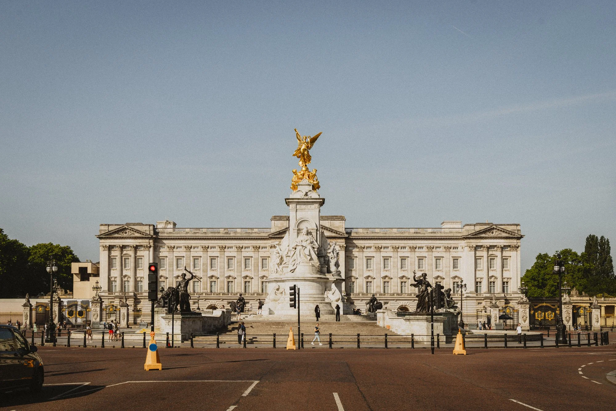 Walking towards Buckingham Palace through St James's Park in London.
