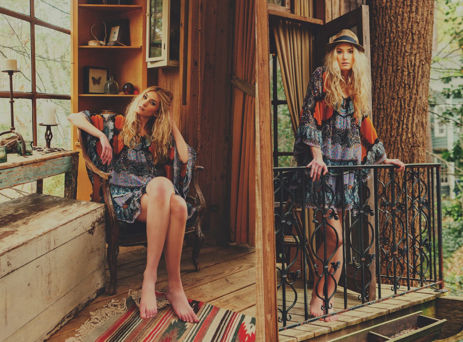 Hannah Johnson: Factor Women Styled by: Hannah Johnson Hannah is a natural model and a natural poser. The colors and tones of her dress really melded well with the wood and the textures of this treehouse living room.