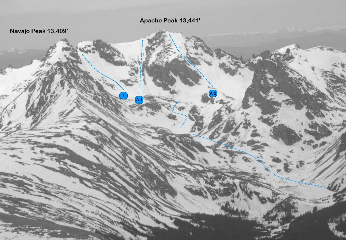 Navajo Peak and Apache Peak from the east. (A1 and 2 are routes on Apache) Photo: Rob Writz