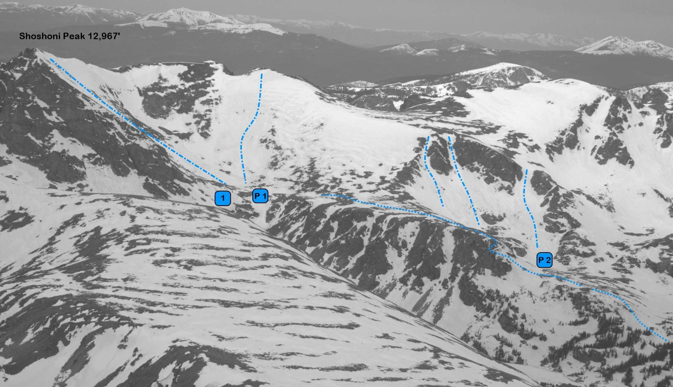 Shoshoni Peak from the east (P1 and P2 are the routes on Pawshoni). Photo: Rob Writz