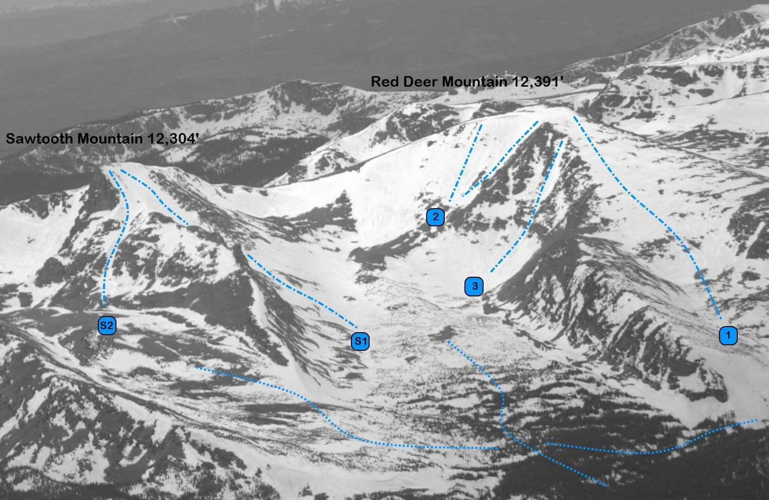 Red Deer Mountain and Sawtooth Mountain from the east (S1 and S2 are the routes on Sawtooth). Photo: Rob Writz