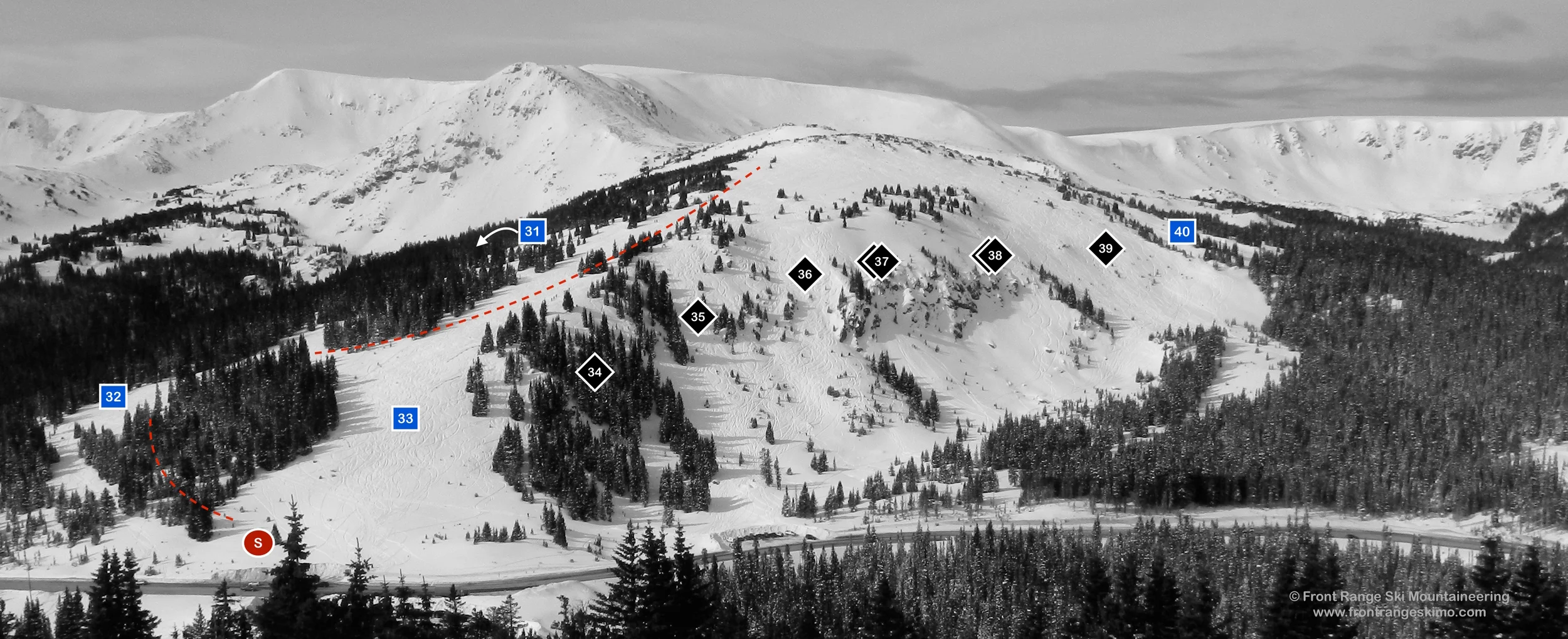 Berthoud Pass West Side from the East. No Name and Mount Russell are visible in the upper left side of the photo. Photo: Rob Writz