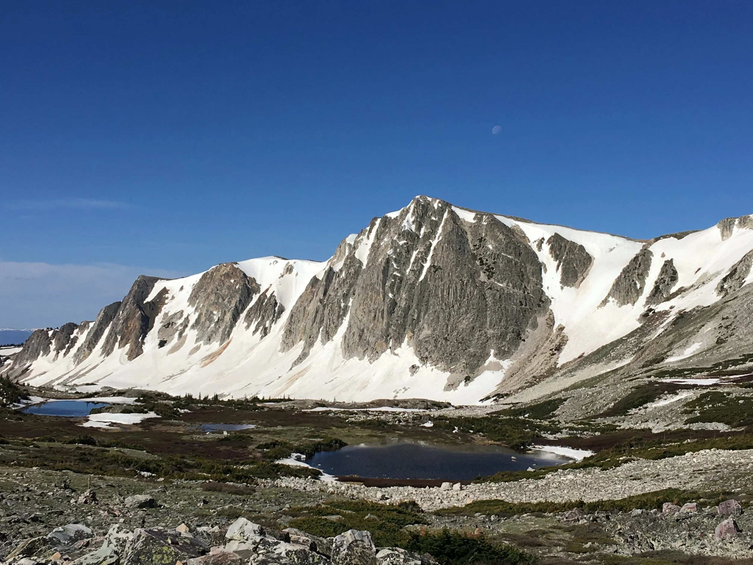 Looking at Old Main and the surrounding couloirs from the pass between Sugarloaf Mountain and Medicine Bow Peak.