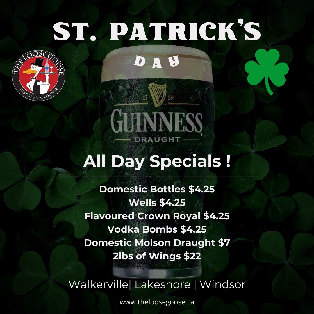 🎉☘️ Join us for a special St. Patrick&rsquo;s themed Sunday Funday at The Loose Goose for a day filled with fun and fantastic drink specials at all three locations: ☘️🍻

Walkerville: 
🍗 2lbs of Chicken Wings: $22 + tax 
🍺 Domestic Molson Draught: