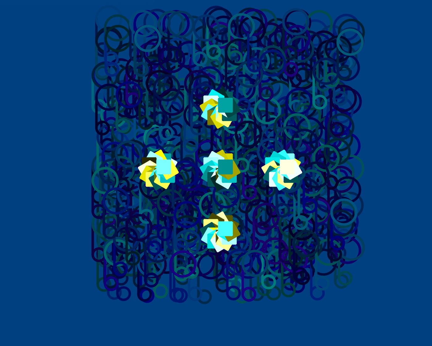 Turtle Art: The blue background has a pattern of connected circles, large and small. Colors and location are randomly assigned within a certain range. The pattern is repeated 400 times within set parameters. The top layer is a pattern of 12 squares, with randomly assigned colors within a range, that have been rotated to create a 12-point star. These stars have been set in the form of a cross. 