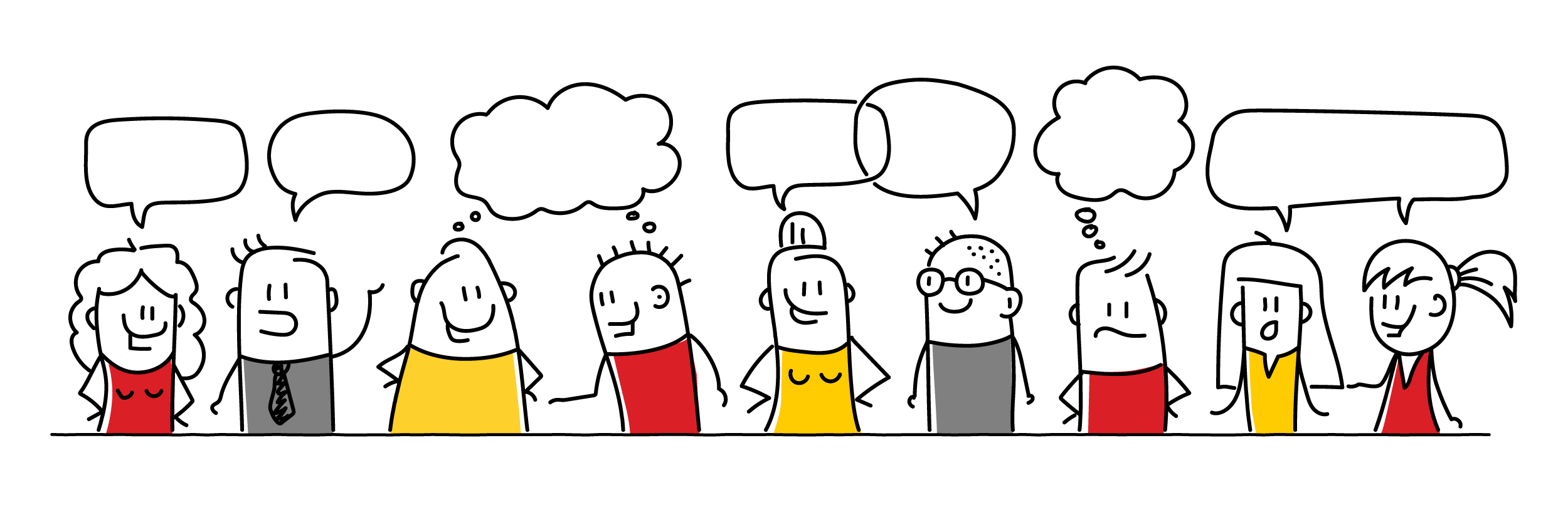 Illustration of a group of people with speech bubbles above their heads
