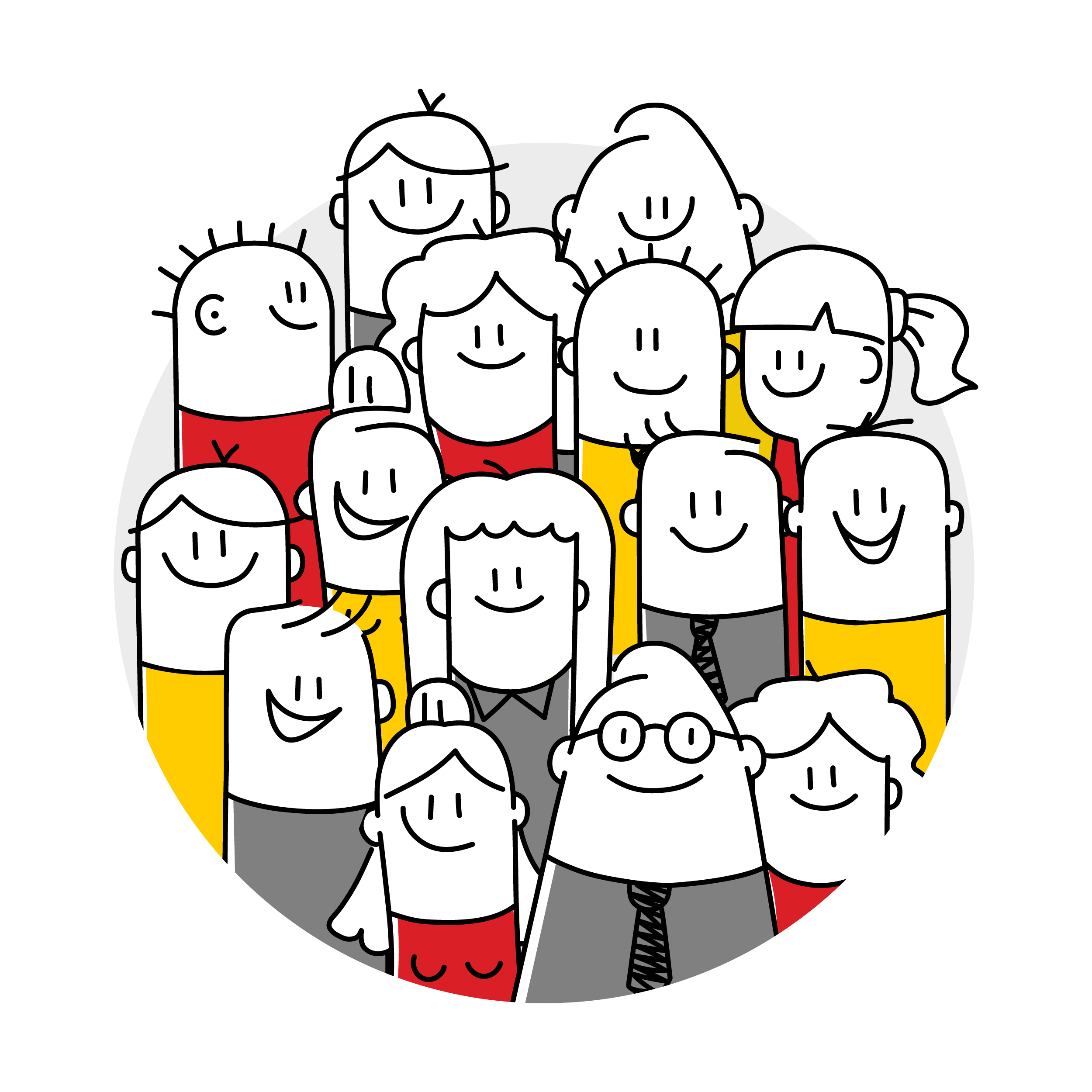 Circular illustration of a smiling group of people